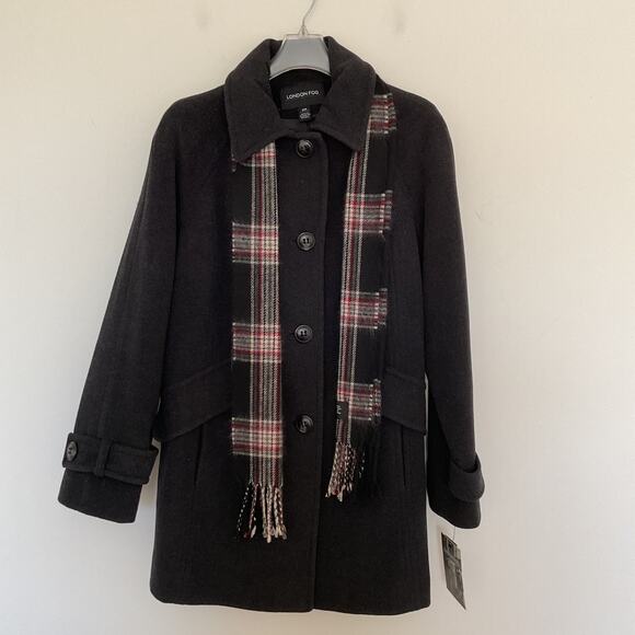 NWT London Fog Wool Blend Pea Coat Sz M Petite w/scarf Charcoal Classic Timeless - Picture 1 of 10